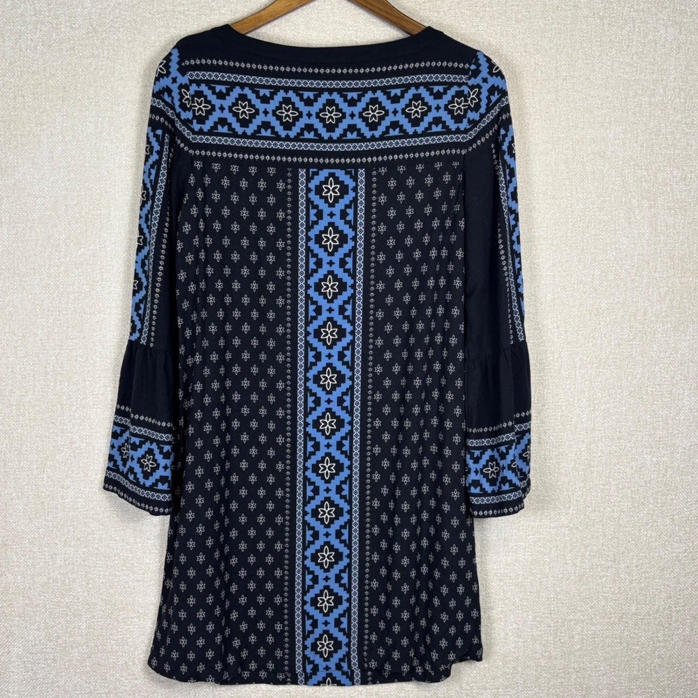 Loft Womens Medium Blue Black Geometric Floral 3/4 Bell Sleeve Boho Shift Dress - Picture 2 of 11